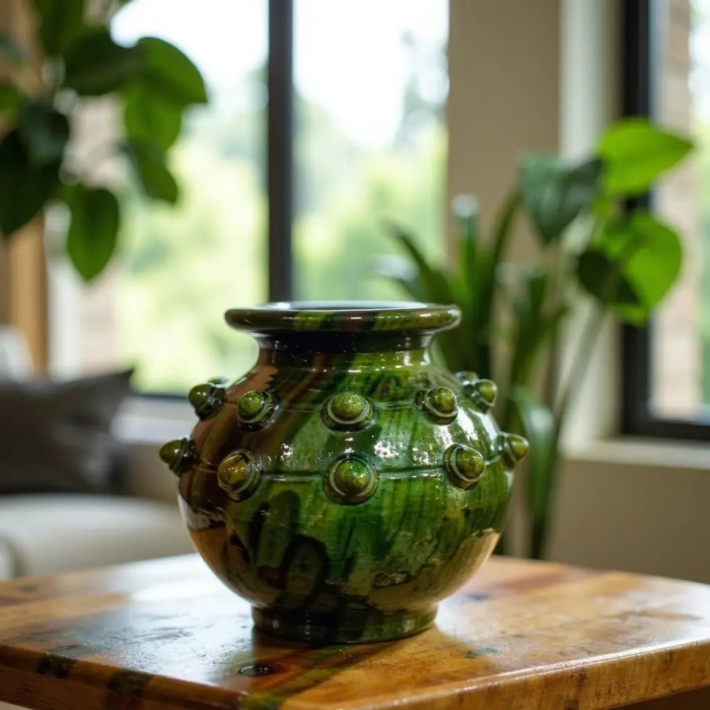 Authentic Tamegroute Pottery Vase – Handmade Green Ceramic with Studs 30cm image 7