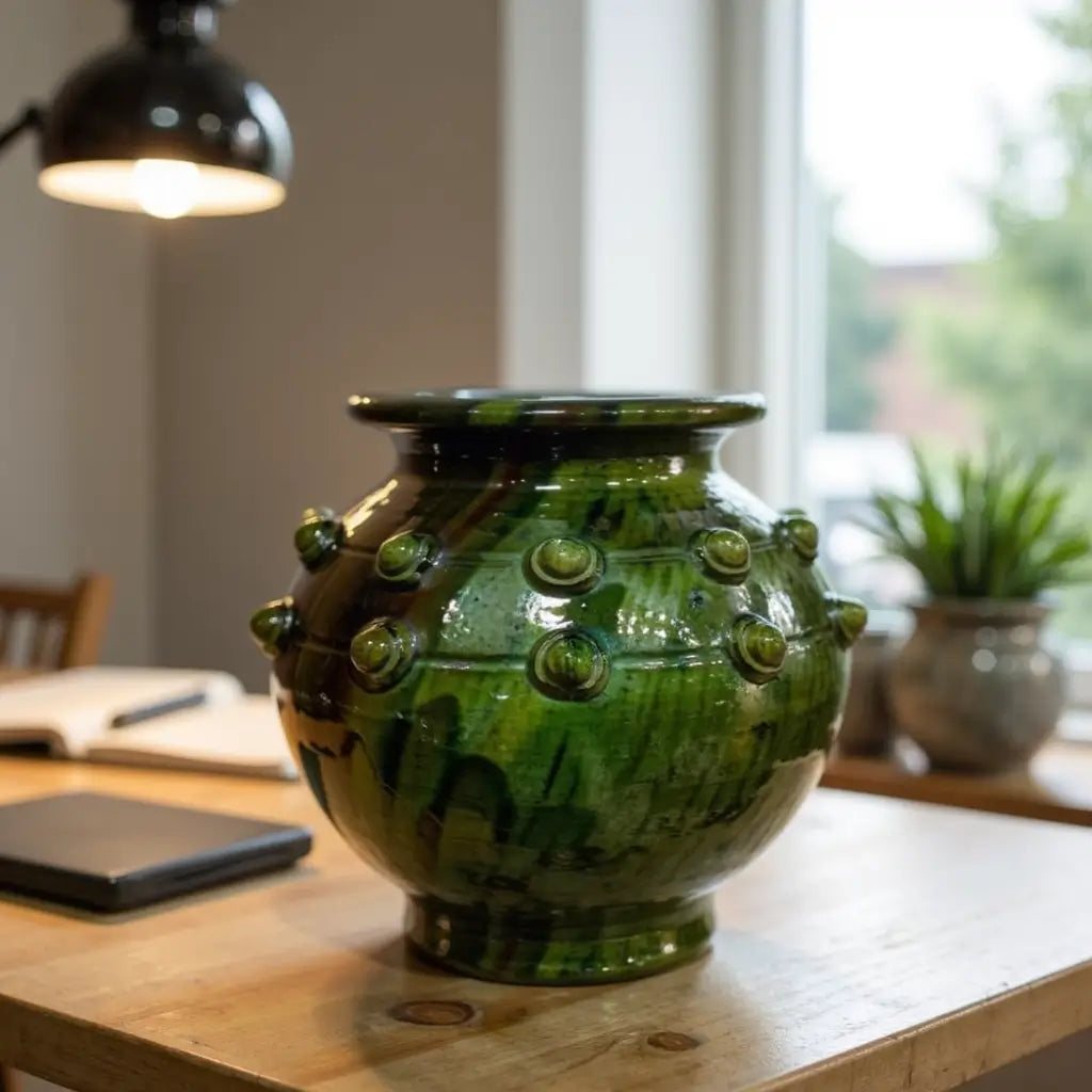 Authentic Tamegroute Pottery Vase – Handmade Green Ceramic with Studs 30cm image 4