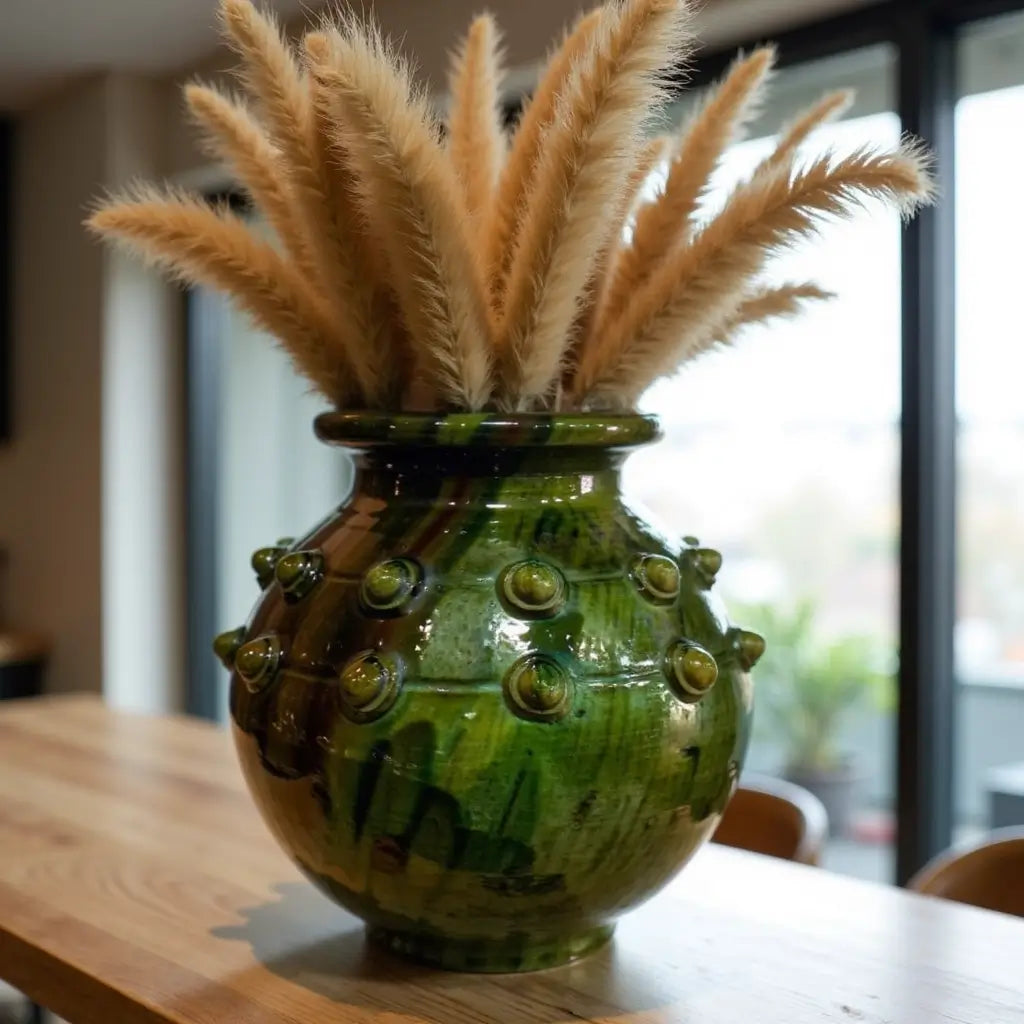 Authentic Tamegroute Pottery Vase – Handmade Green Ceramic with Studs 30cm image