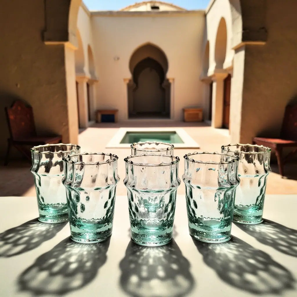 Traditional Handblown Diamond Pattern Tea Glasses – Blue-Green Set of 6 image