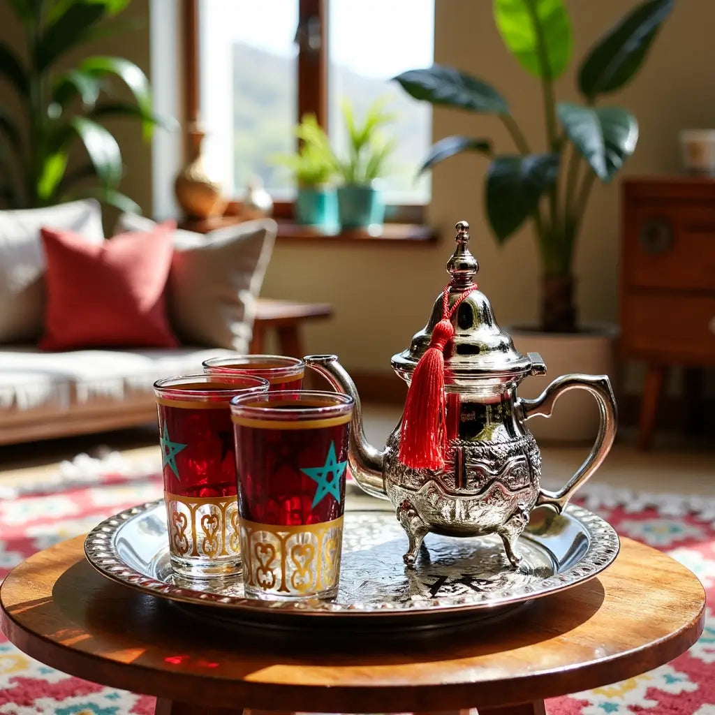 Silver-Plated Tea Set with Flag-Decorated Glasses – 5-Piece Service image