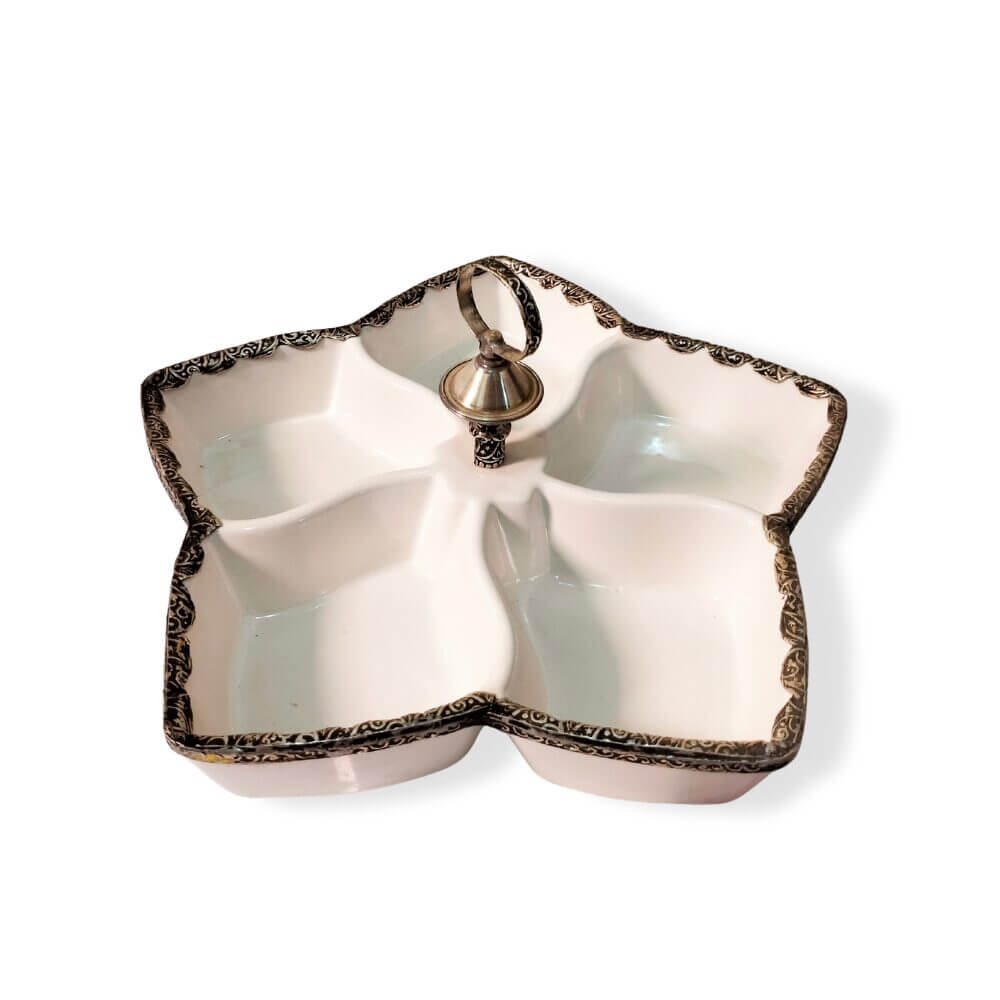 White Ceramic Divided Plate with Silver Accents – 5-Compartment Serving Dish image 7