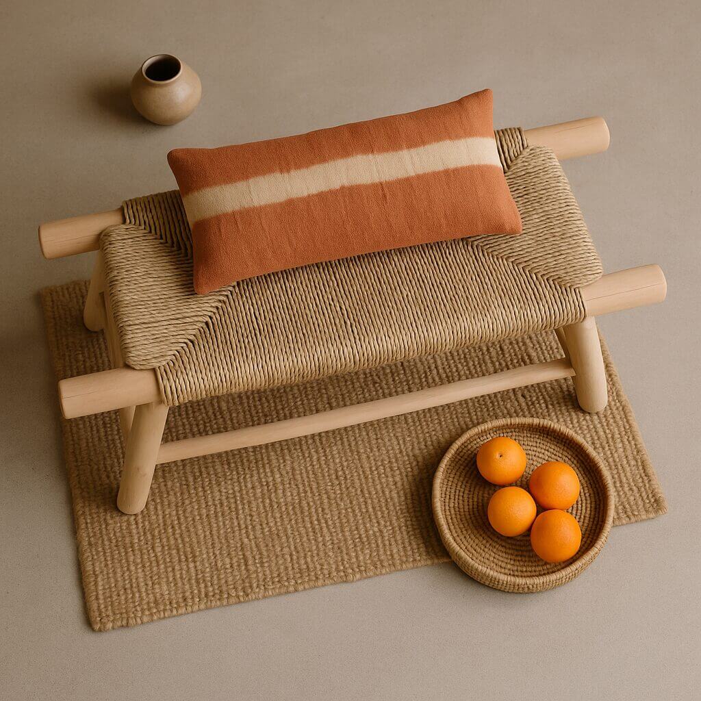 Handwoven Moroccan Straw Bench – Eco-Friendly Palm Leaf & Lemon Wood Seating image
