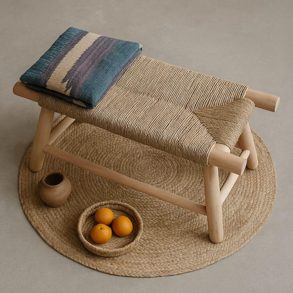 Handwoven Moroccan Straw Bench – Eco-Friendly Palm Leaf & Lemon Wood Seating image 4