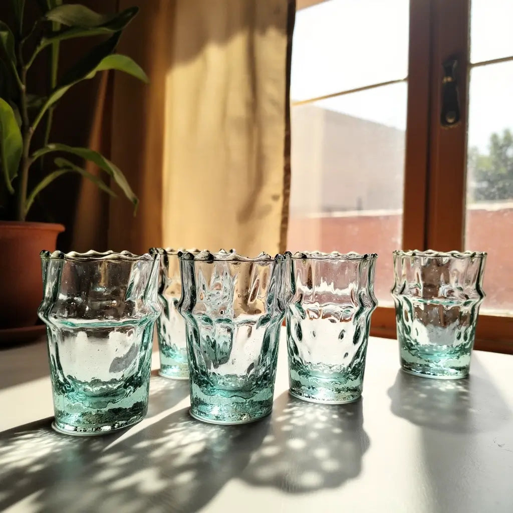 Traditional Handblown Diamond Pattern Tea Glasses – Blue-Green Set of 6 image 3