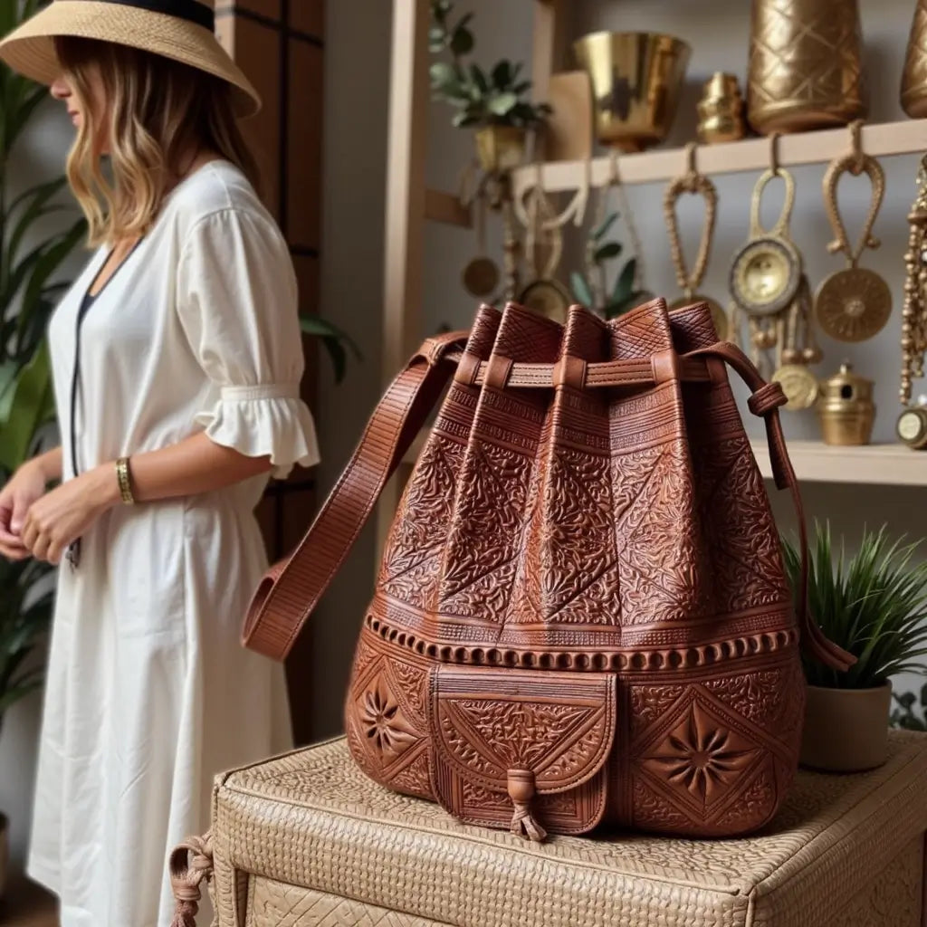 Convertible Leather Backpack & Shoulder Bag – Hand-Tooled Bohemian Design image 6