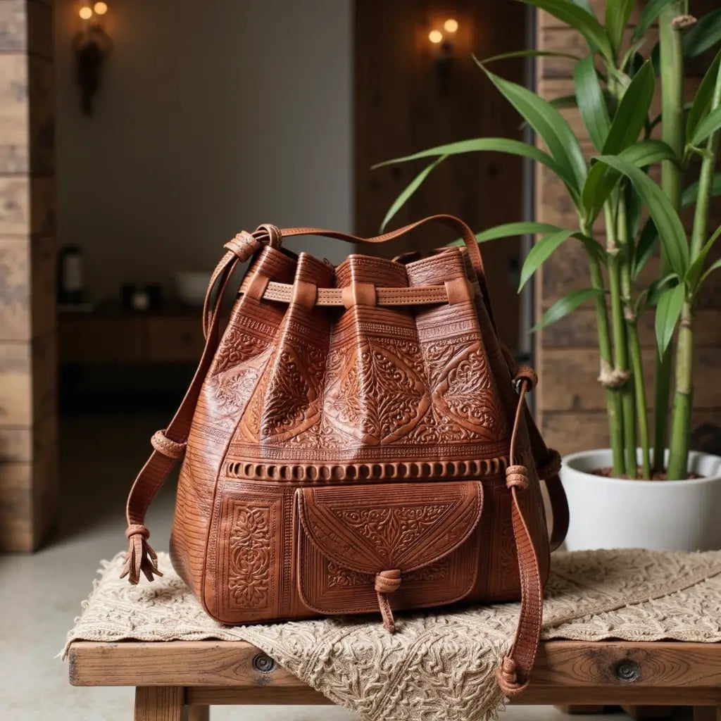 Convertible Leather Backpack & Shoulder Bag – Hand-Tooled Bohemian Design image 9