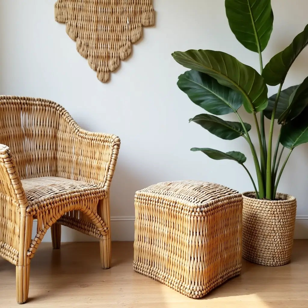 Handwoven Square Straw Ottoman Pouf – Natural Fiber Indoor/Outdoor Footstool image