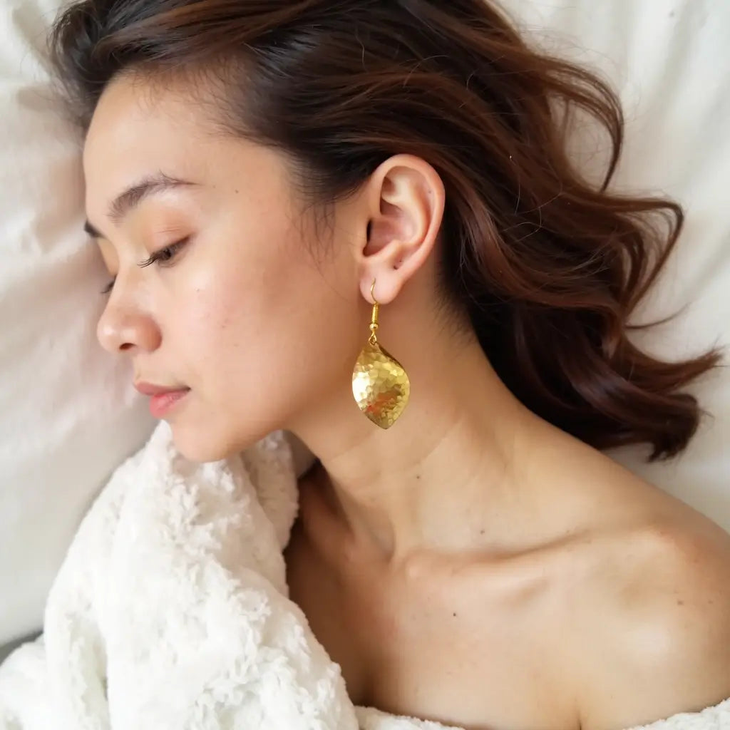 Handmade Brass Leaf Earrings – Hammered Gold Nature-Inspired Design image 2