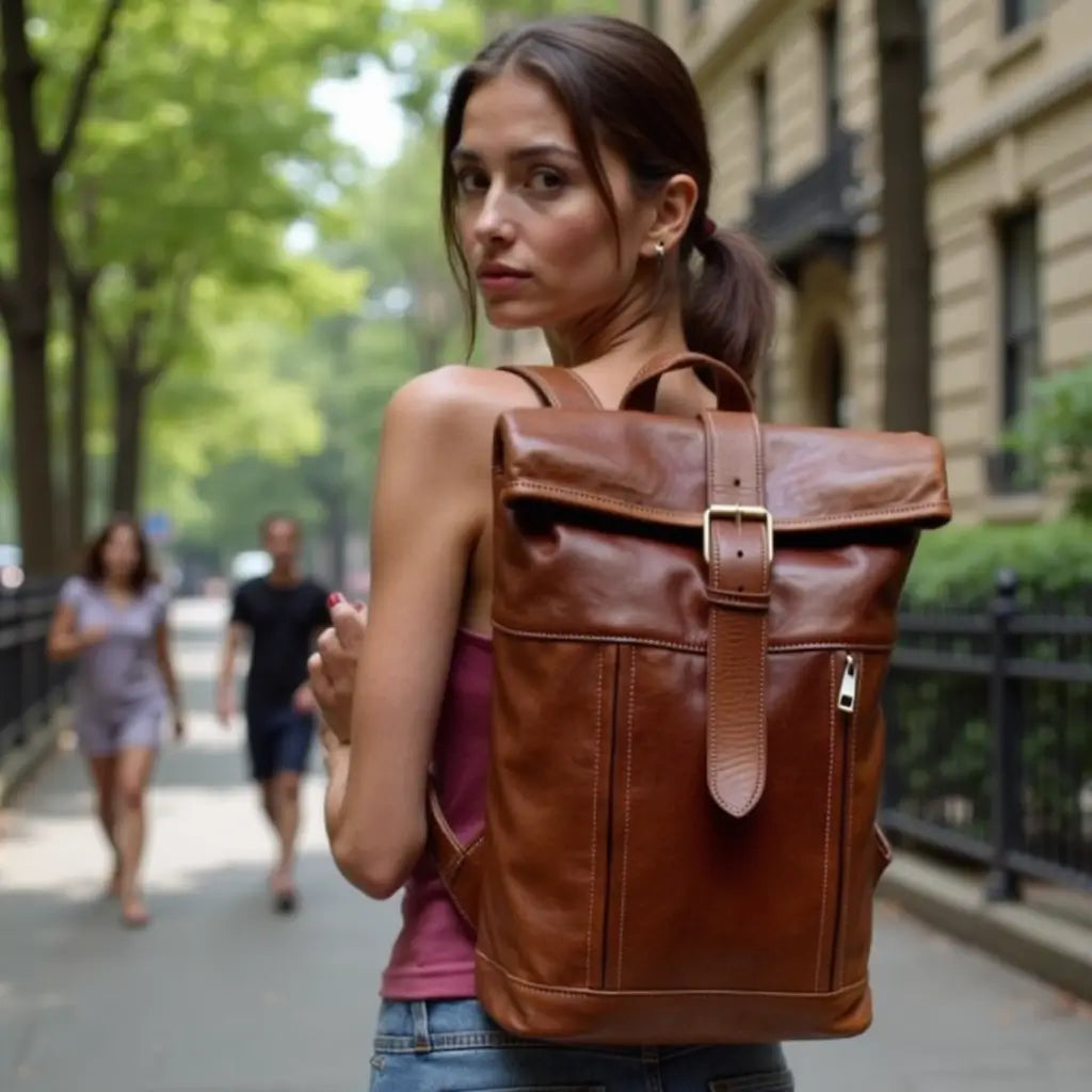 Full-Grain Leather Rolltop Backpack – Handcrafted 10.2″ Travel Bag image 2