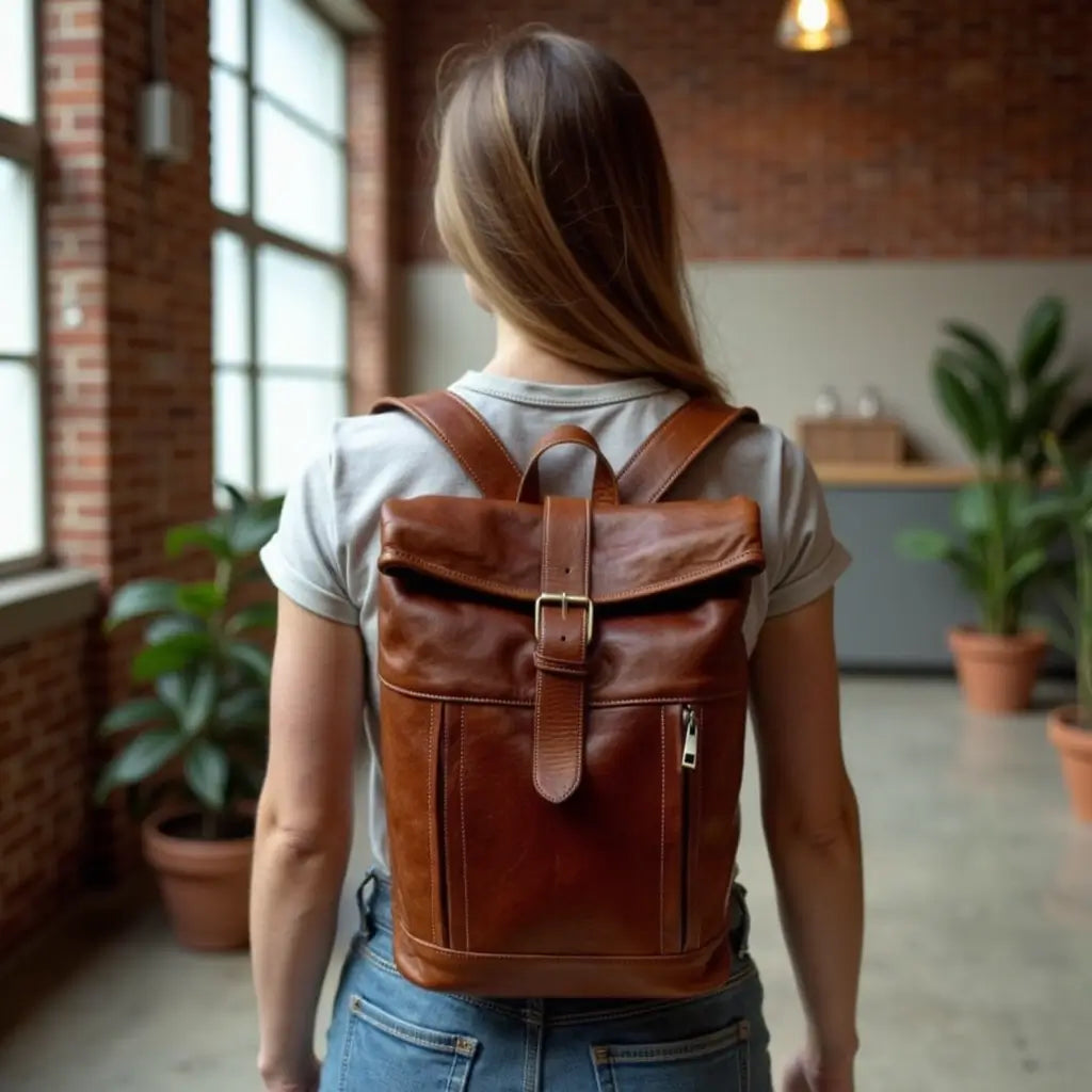 Full-Grain Leather Rolltop Backpack – Handcrafted 10.2″ Travel Bag image 7