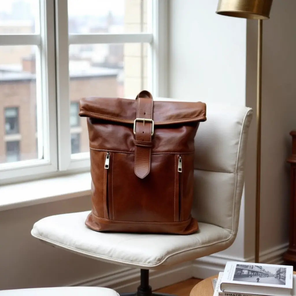 Full-Grain Leather Rolltop Backpack – Handcrafted 10.2″ Travel Bag image 8