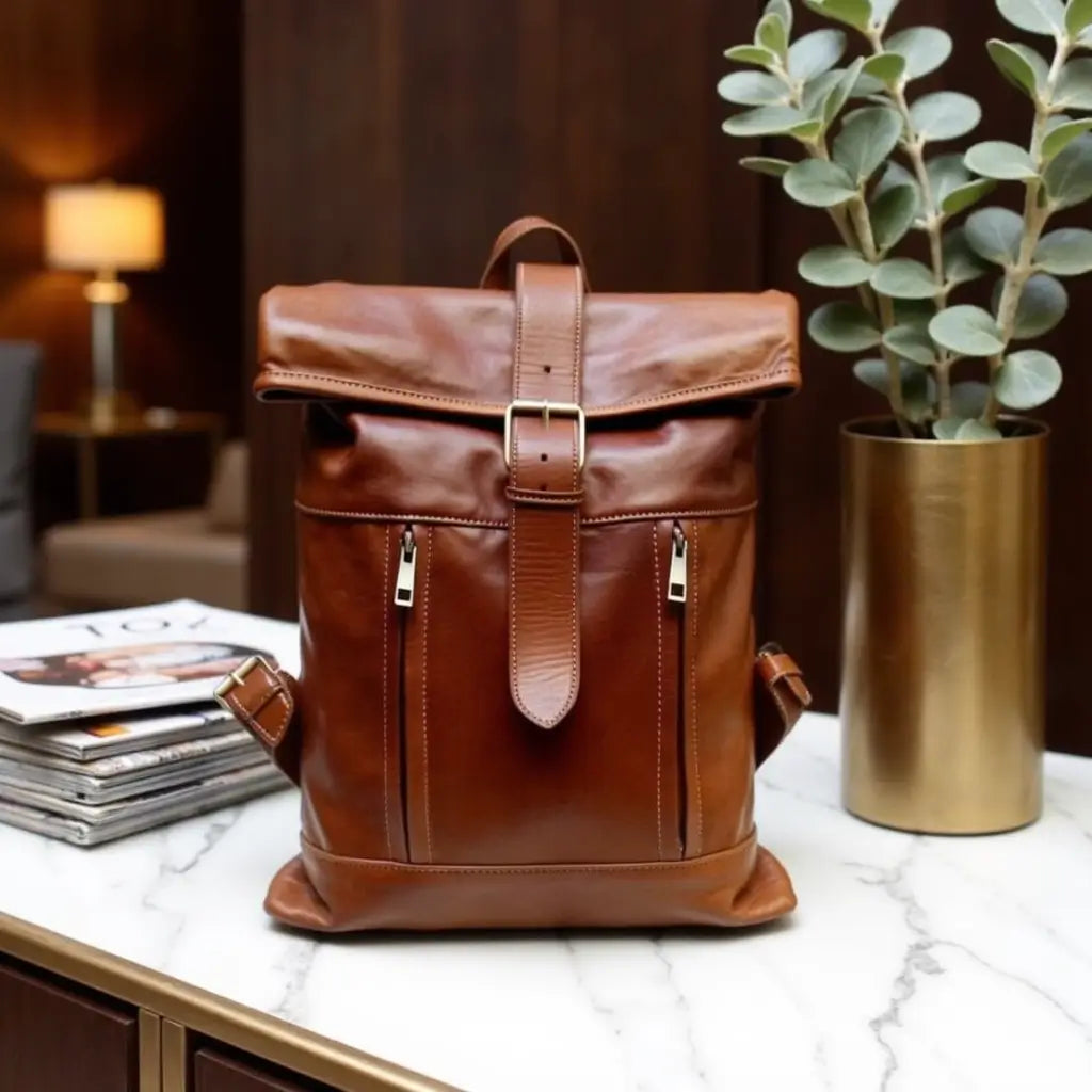 Full-Grain Leather Rolltop Backpack – Handcrafted 10.2″ Travel Bag image 9