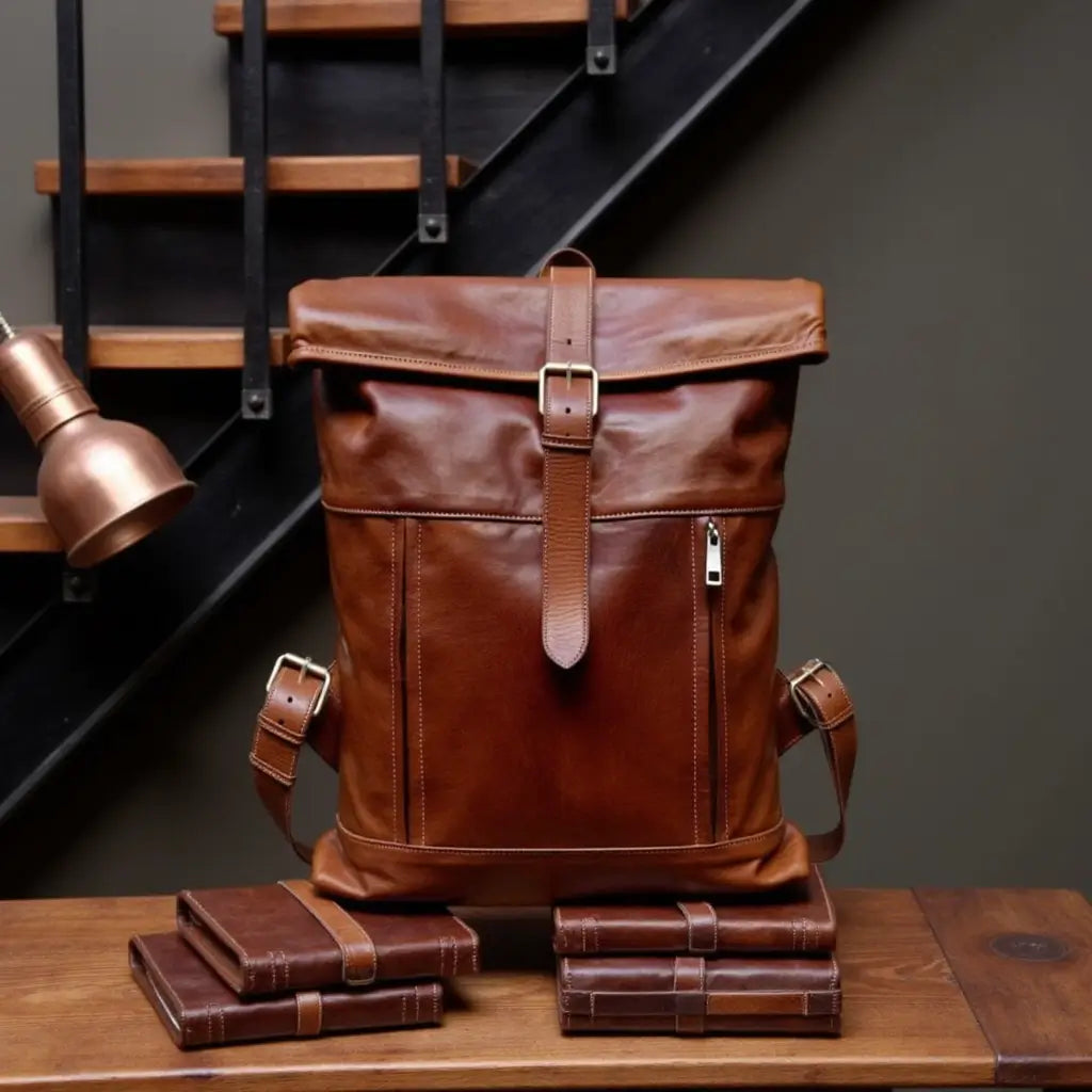 Full-Grain Leather Rolltop Backpack – Handcrafted 10.2″ Travel Bag image 10