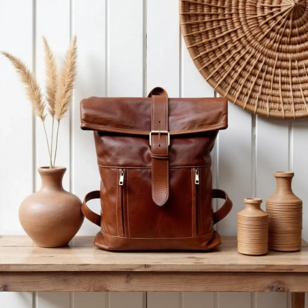 Full-Grain Leather Rolltop Backpack – Handcrafted 10.2″ Travel Bag image 11