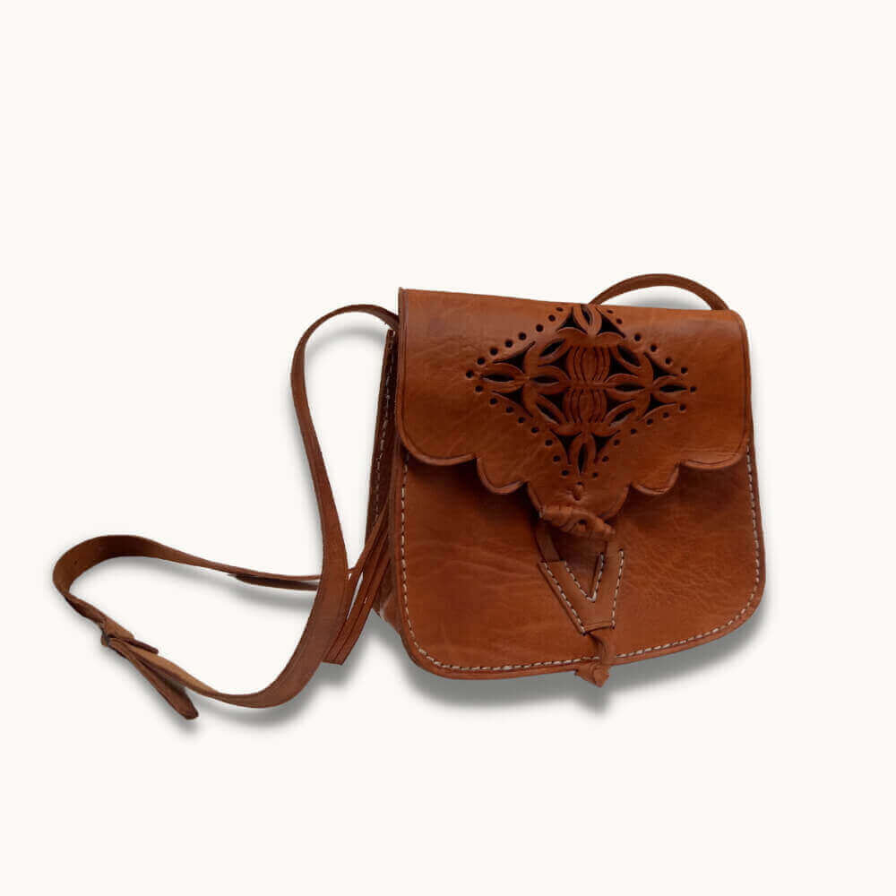 Brown Leather Shoulder Bag with Embossed Cutwork Design image