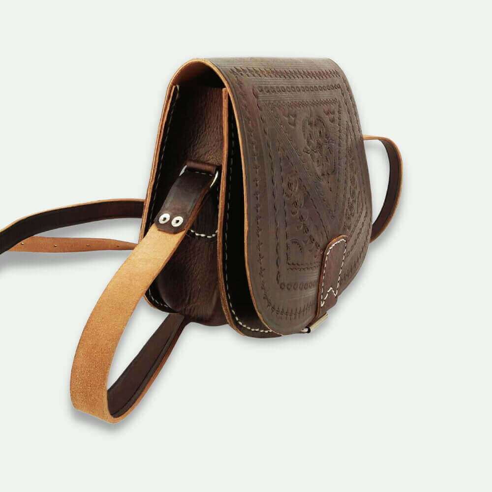 Brown Leather Shoulder Bag with Embossed Cutwork Design image 8