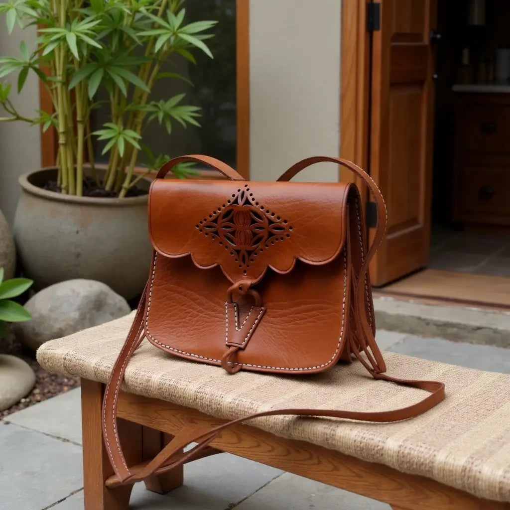 Brown Leather Shoulder Bag with Embossed Cutwork Design image 10