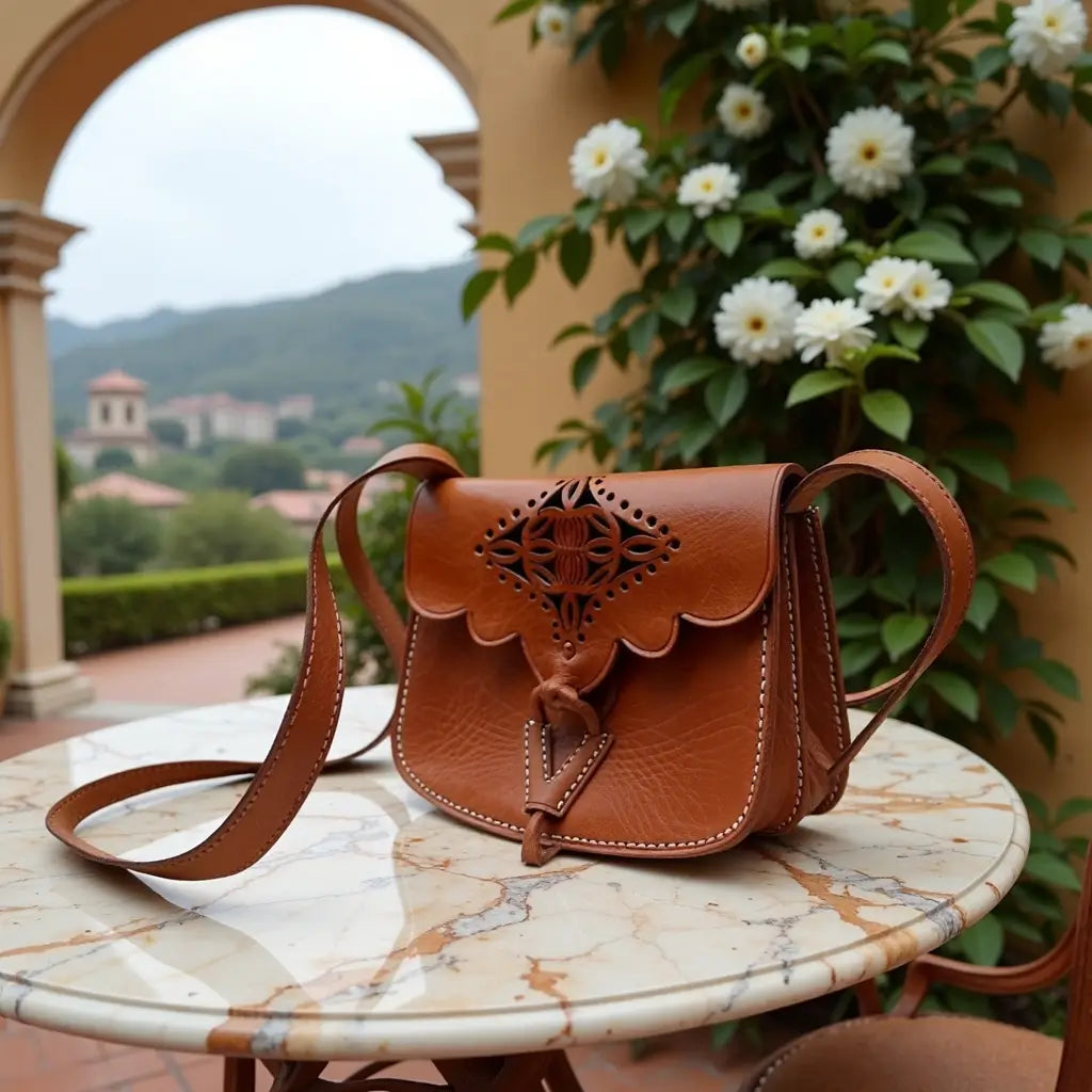 Brown Leather Shoulder Bag with Embossed Cutwork Design image 11