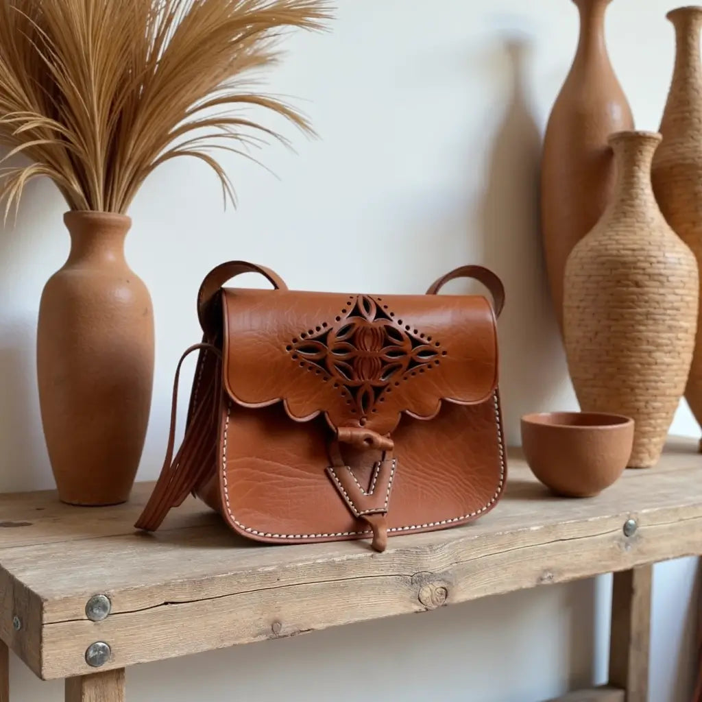 Brown Leather Shoulder Bag with Embossed Cutwork Design image 12
