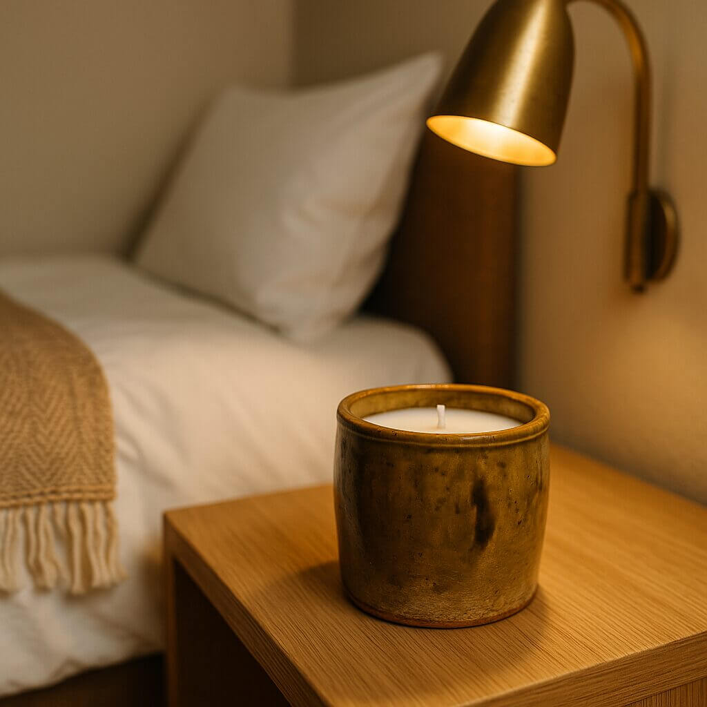 Artisanal Tamegroute Ceramic Candle – Green & Sahara Ochre image 3