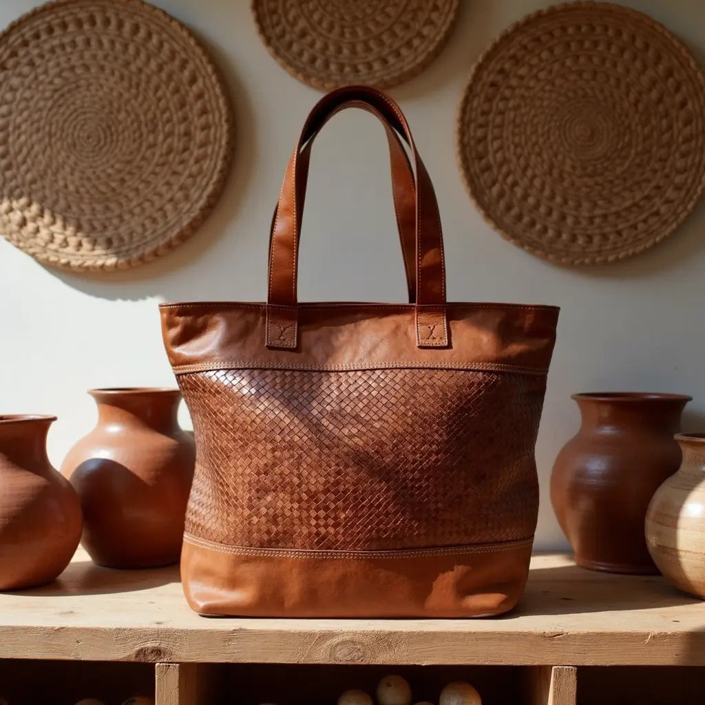 Handwoven Leather Tote Bag – Basketweave Brown Shoulder Handbag image 14