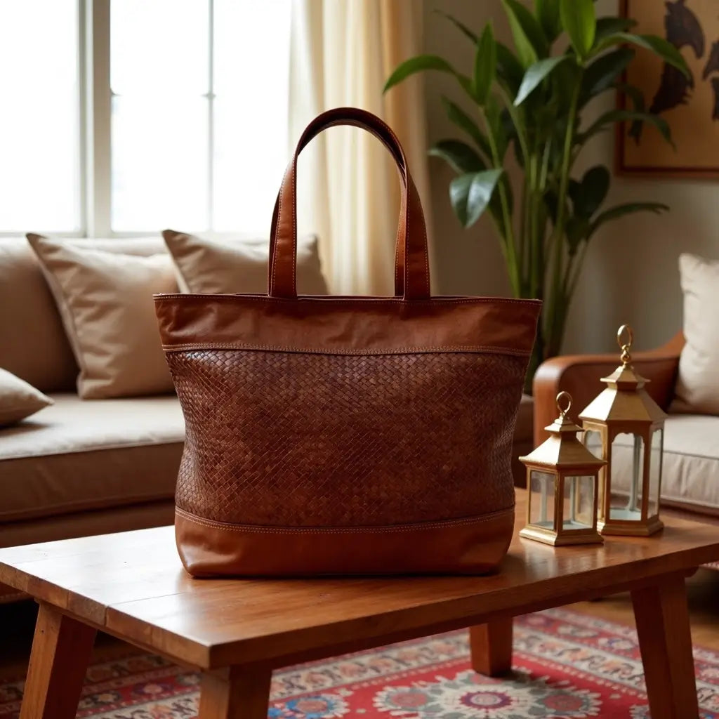 Handwoven Leather Tote Bag – Basketweave Brown Shoulder Handbag image 13