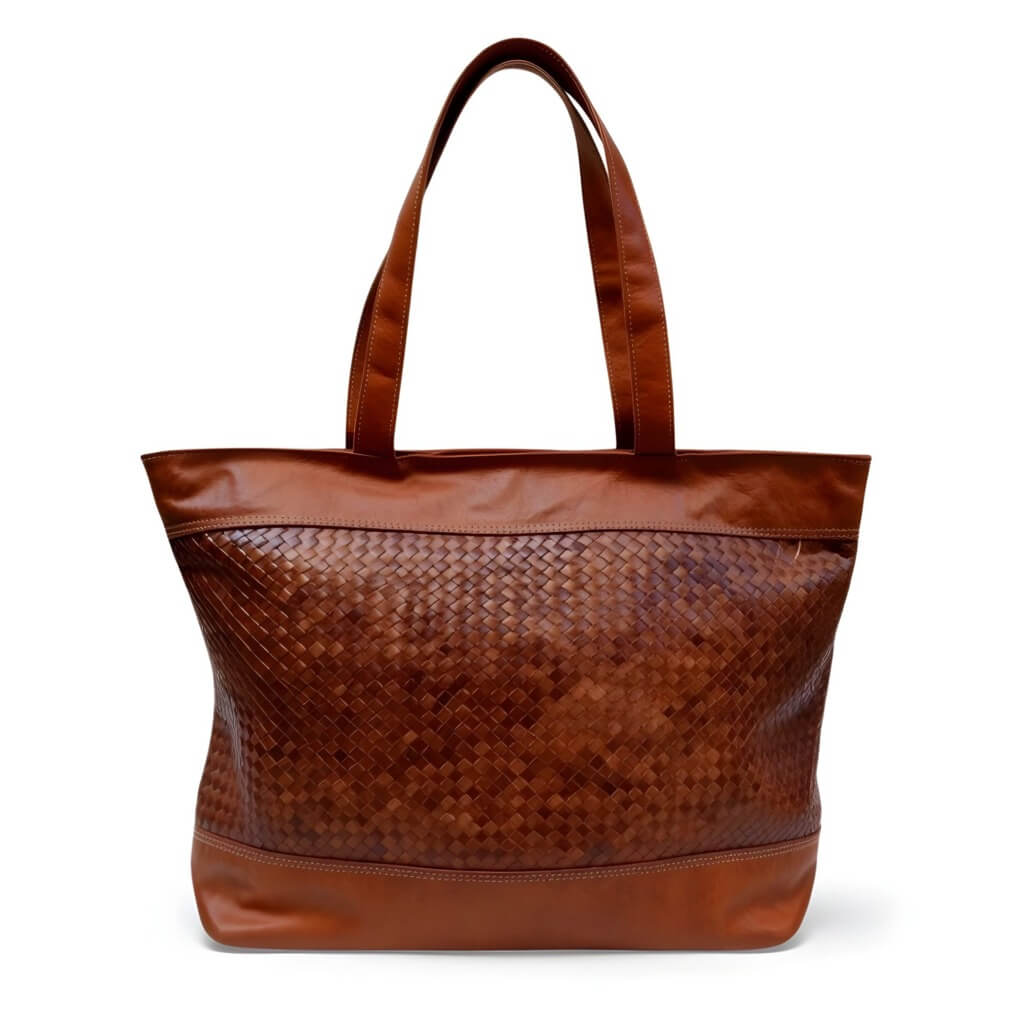 Handwoven Leather Tote Bag – Basketweave Brown Shoulder Handbag image