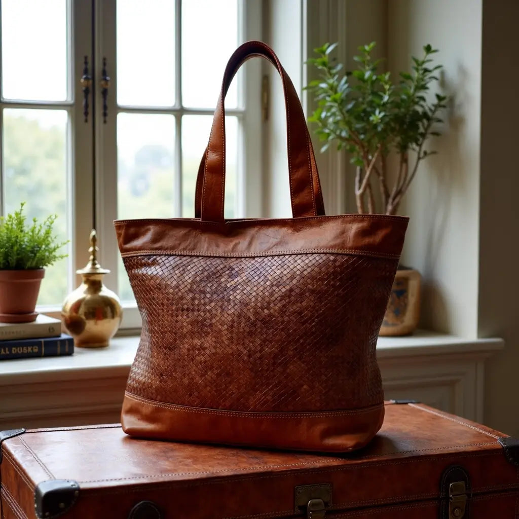 Handwoven Leather Tote Bag – Basketweave Brown Shoulder Handbag image 8