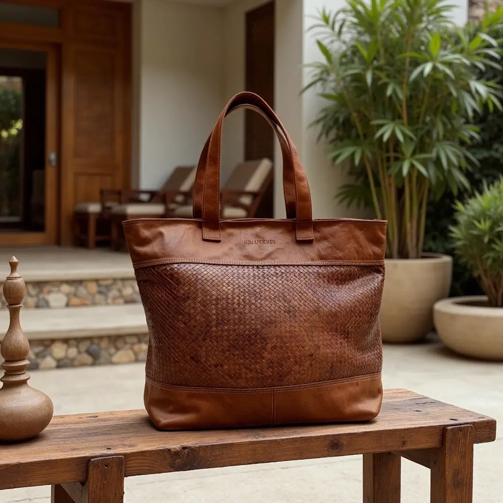 Handwoven Leather Tote Bag – Basketweave Brown Shoulder Handbag image 9