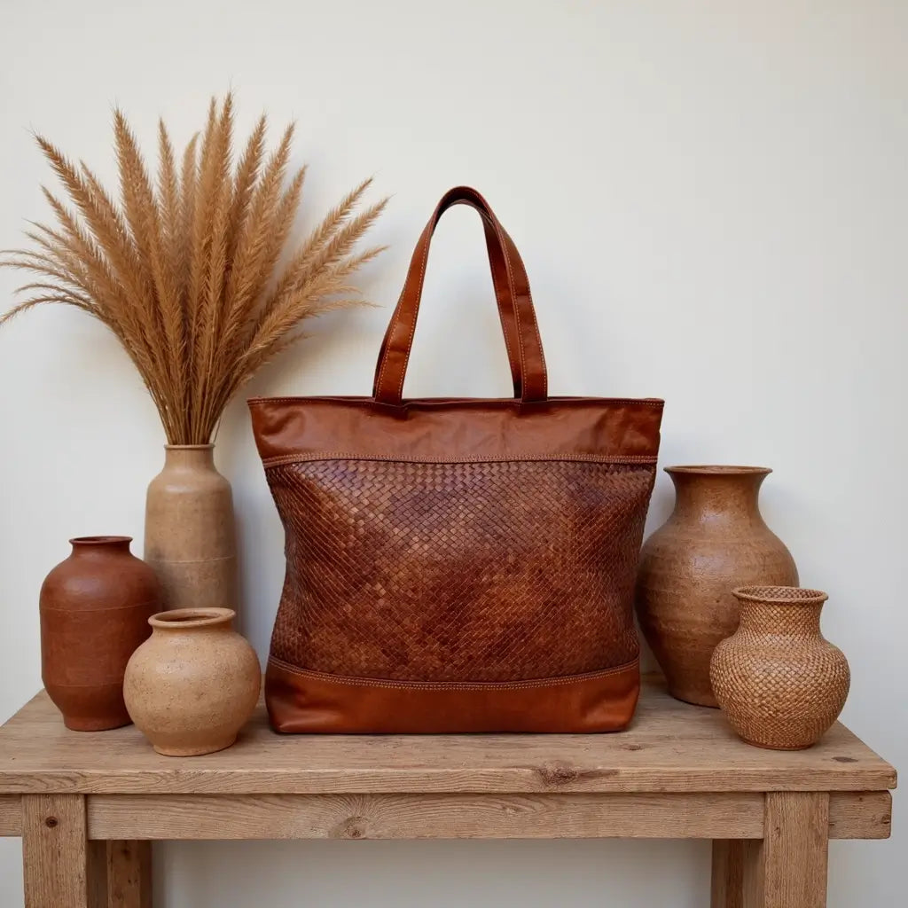 Handwoven Leather Tote Bag – Basketweave Brown Shoulder Handbag image 11