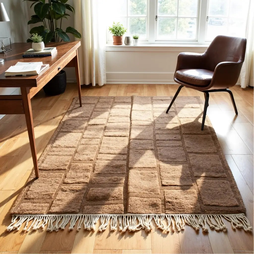 Modern Grid Moroccan Wool Shag Rug – Handwoven Contemporary Collection image 3