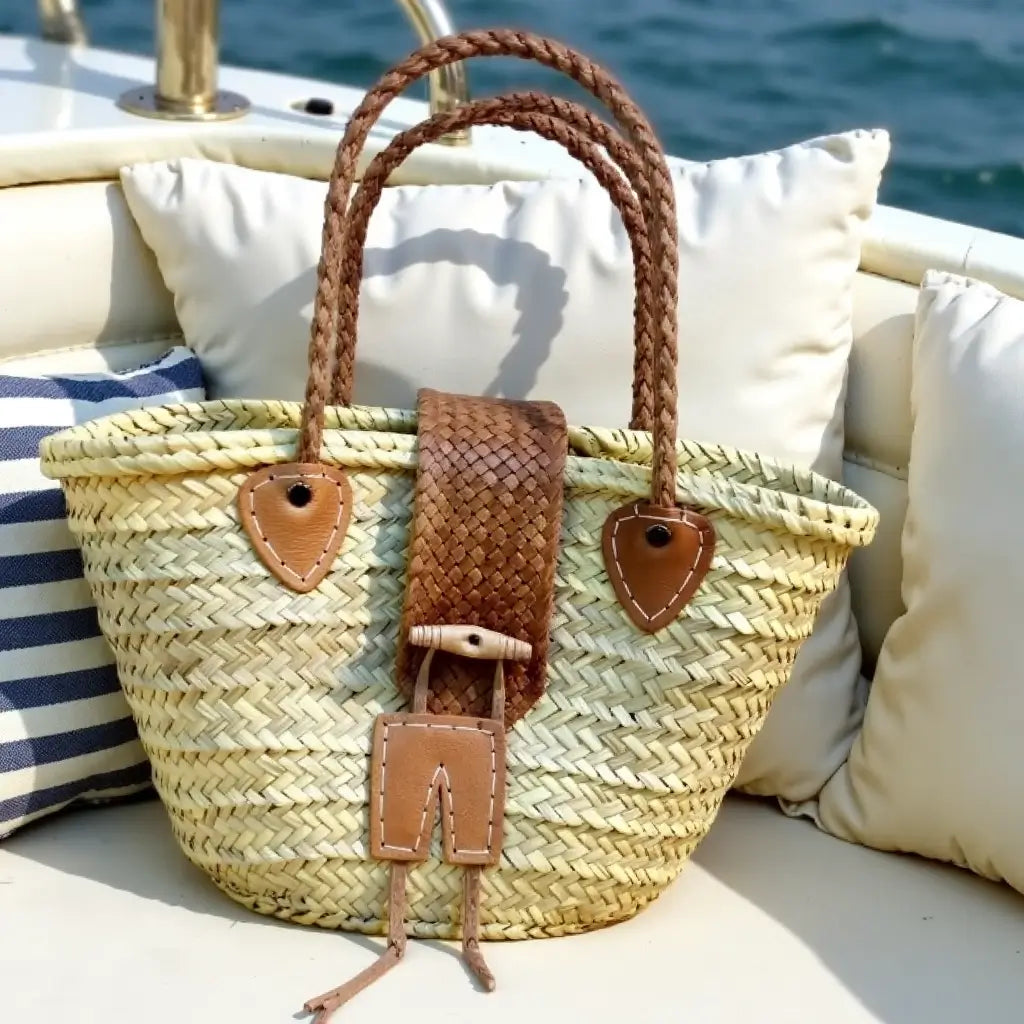 Leather-Trimmed Straw Tote Bag – Handwoven Beach Market Basket image 3
