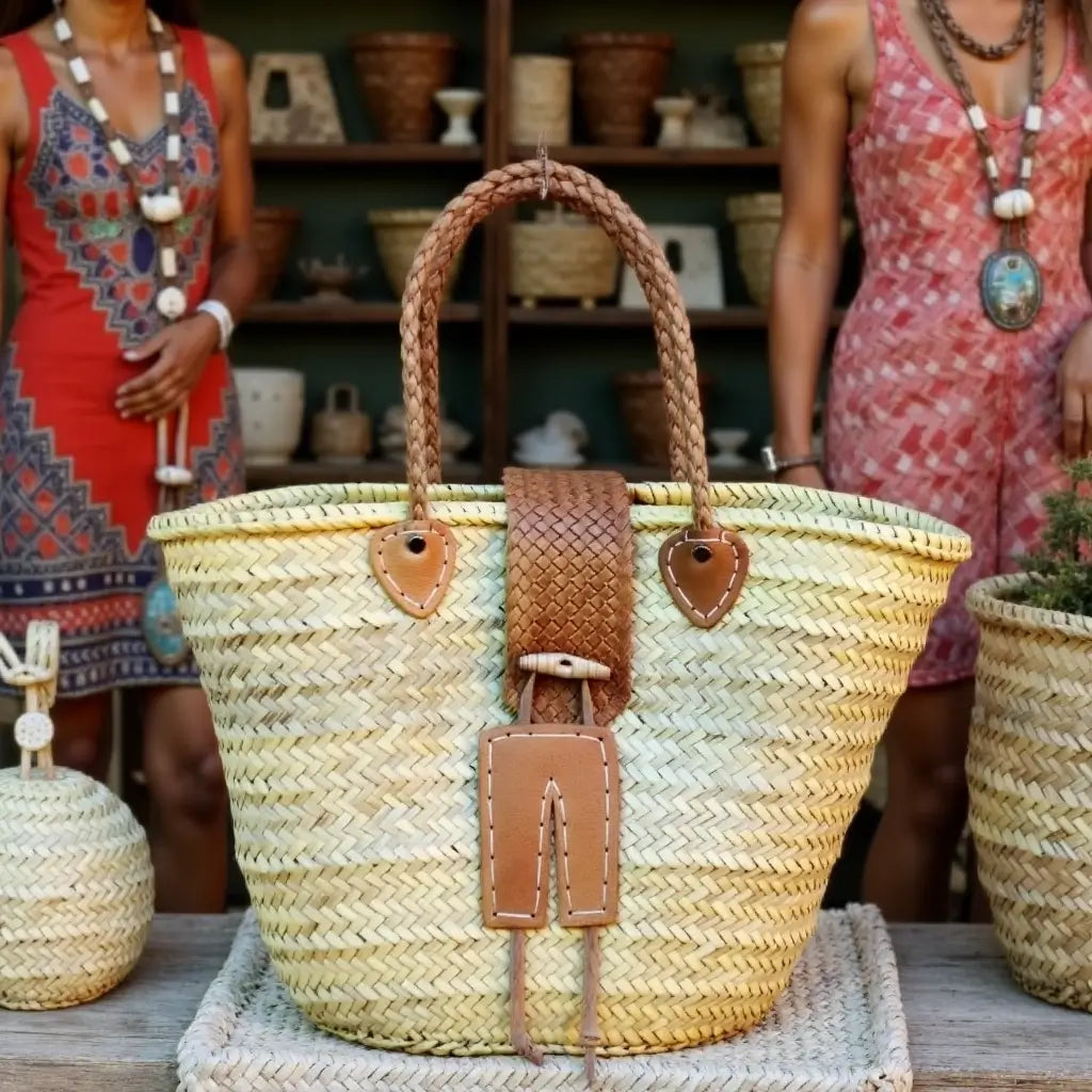 Leather-Trimmed Straw Tote Bag – Handwoven Beach Market Basket image 5