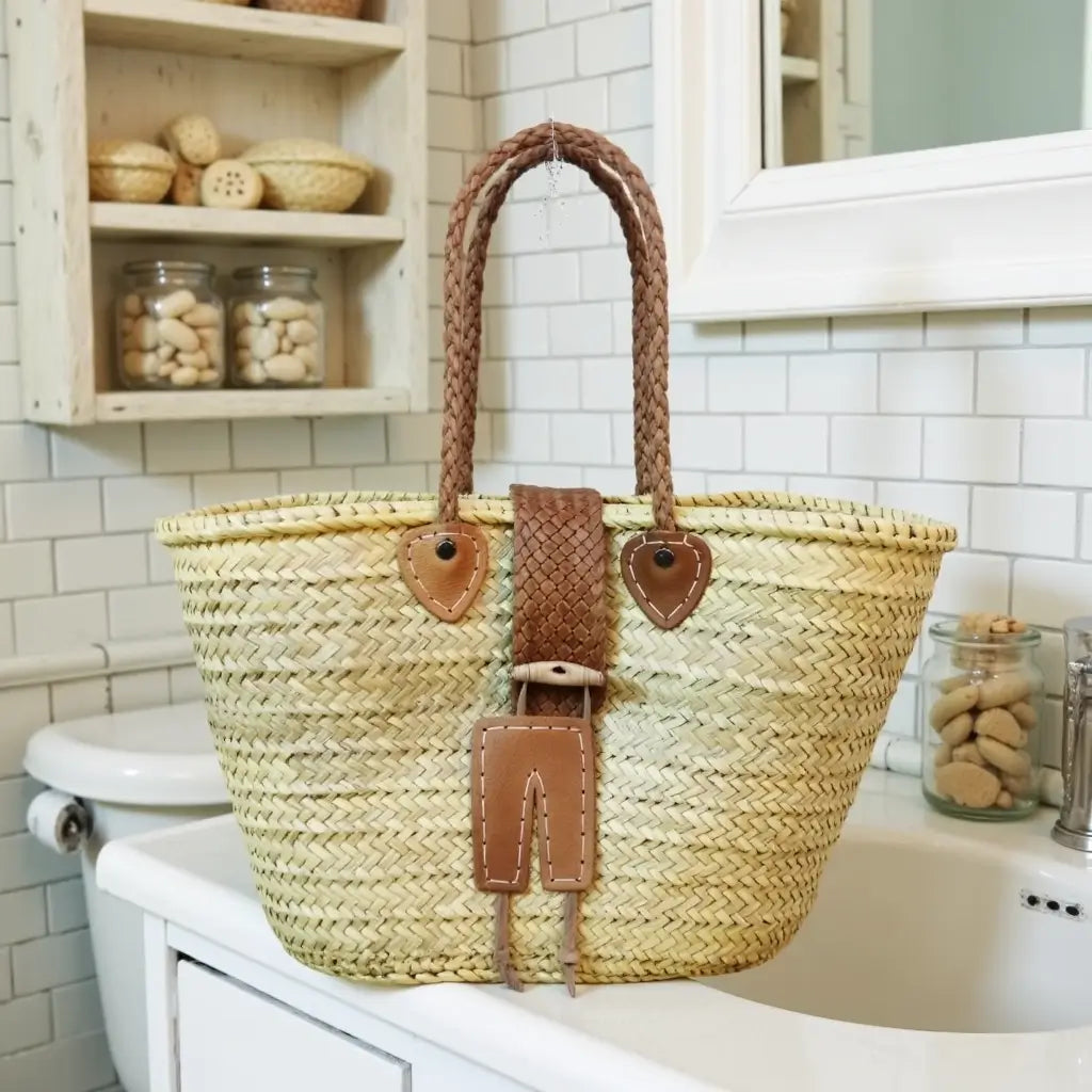 Leather-Trimmed Straw Tote Bag – Handwoven Beach Market Basket image 6