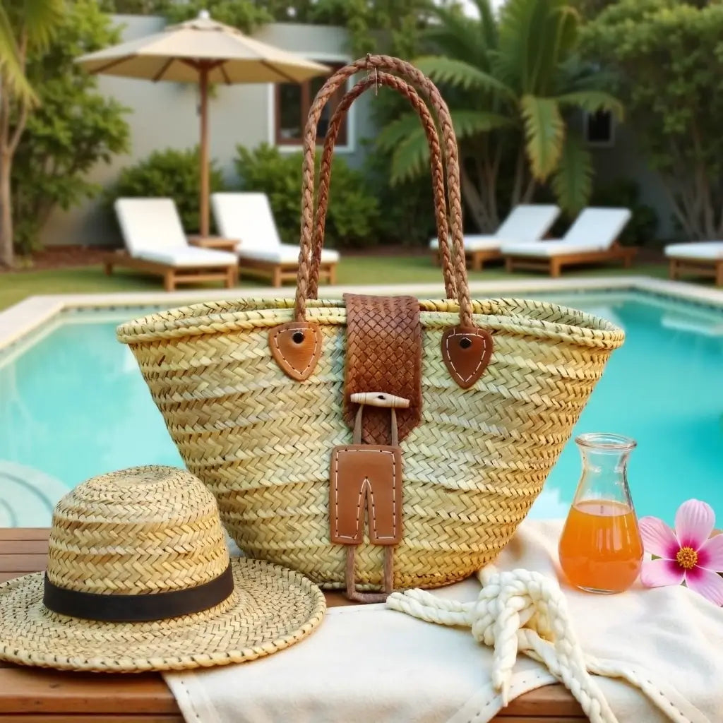 Leather-Trimmed Straw Tote Bag – Handwoven Beach Market Basket image 7