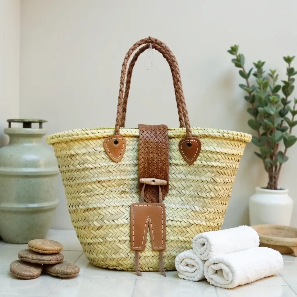 Leather-Trimmed Straw Tote Bag – Handwoven Beach Market Basket image 8