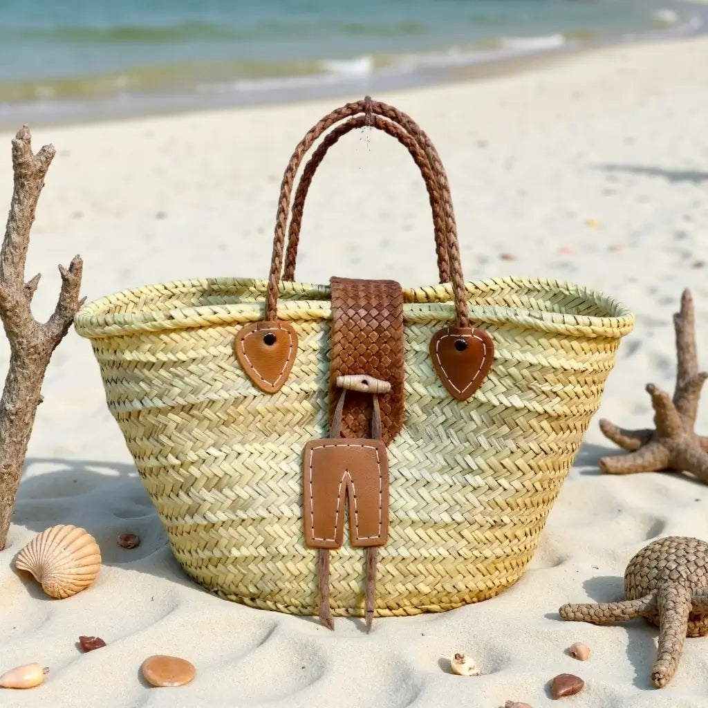 Leather-Trimmed Straw Tote Bag – Handwoven Beach Market Basket image 9