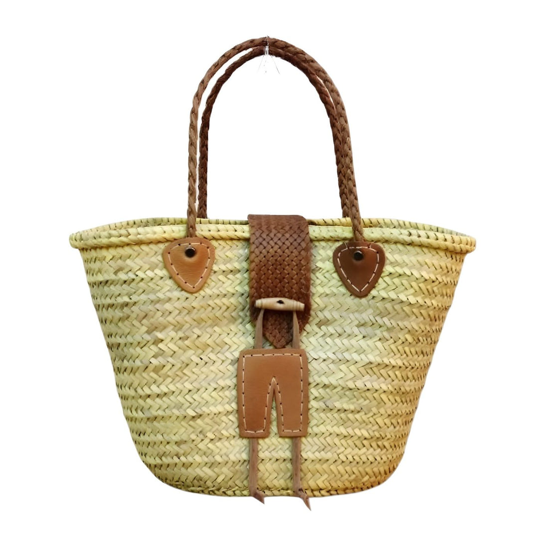 Leather-Trimmed Straw Tote Bag – Handwoven Beach Market Basket image