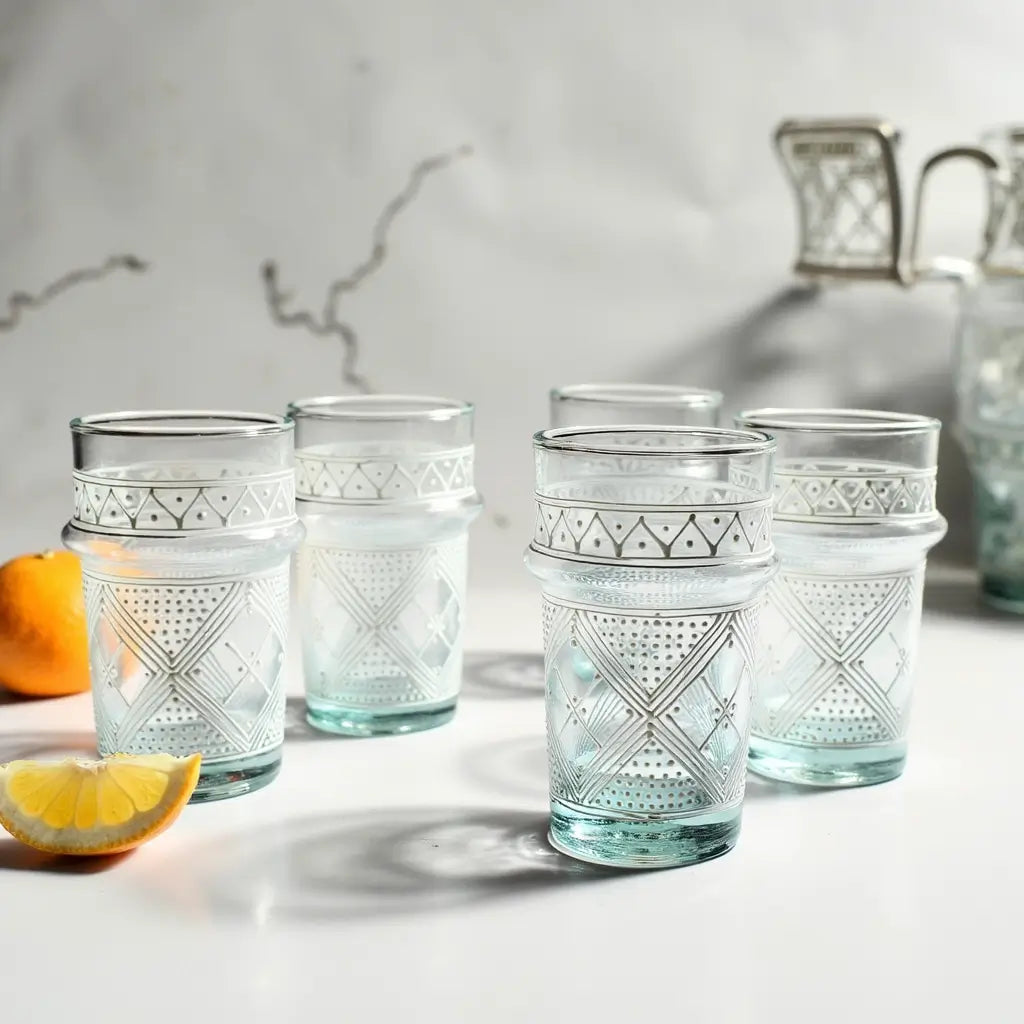 Hand-Painted Tea Glasses Set of 6 – Silver Geometric Pattern with Aqua Base image 2