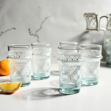 Hand-Painted Tea Glasses Set of 6 – Silver Geometric Pattern with Aqua Base image 2