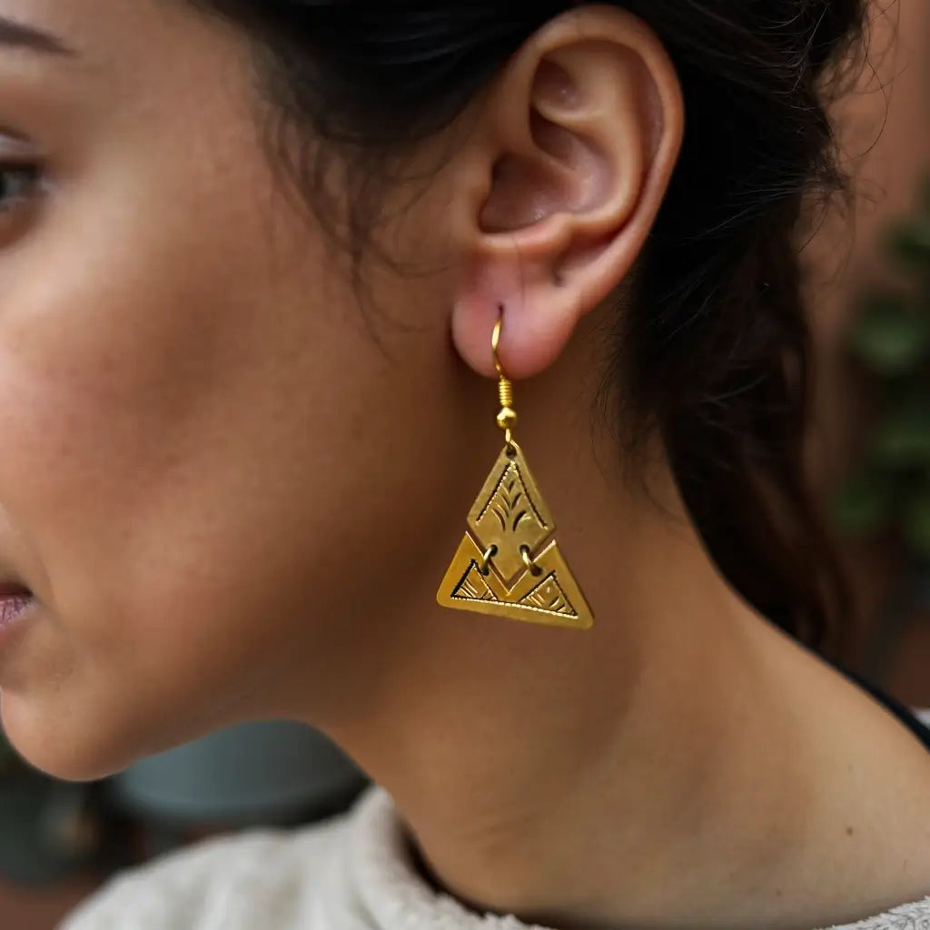 Handmade Brass Triangle Earrings – Gold Geometric Moroccan Design image