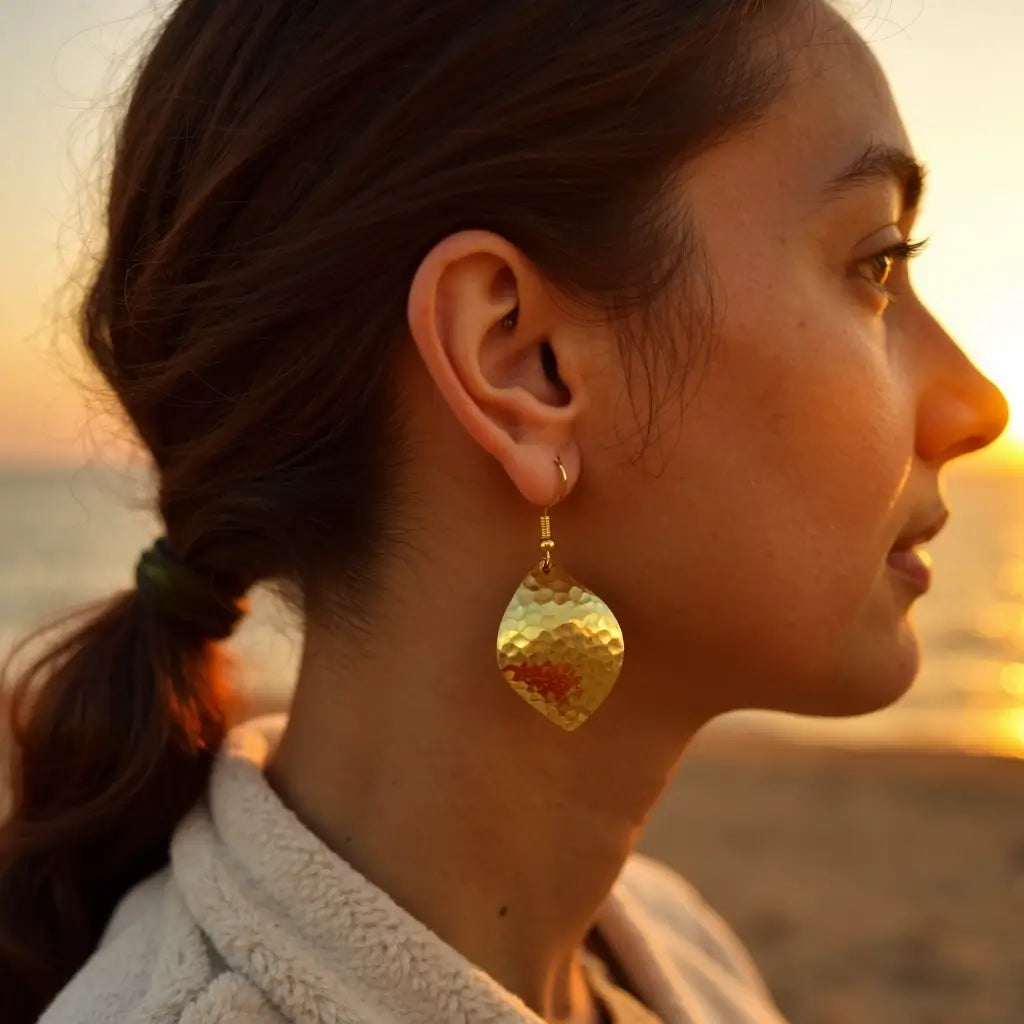 Handmade Brass Leaf Earrings – Hammered Gold Nature-Inspired Design image 4