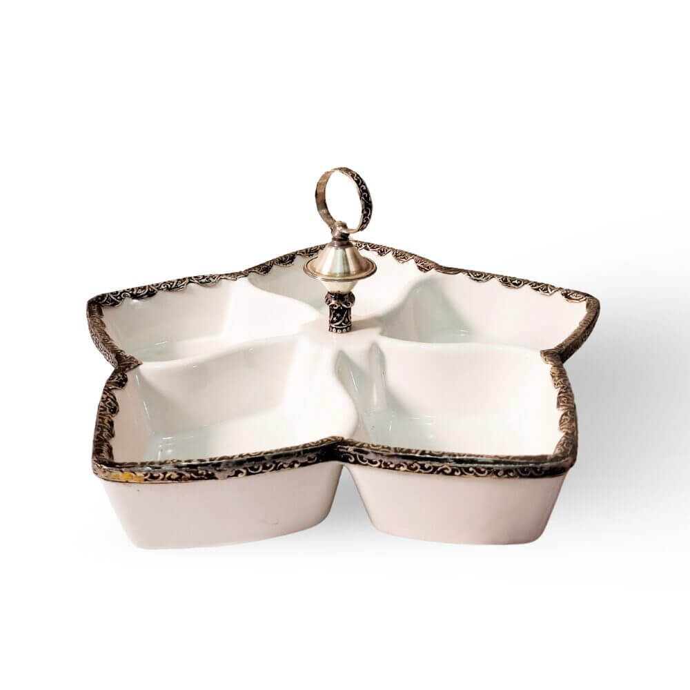White Ceramic Divided Plate with Silver Accents – 5-Compartment Serving Dish image