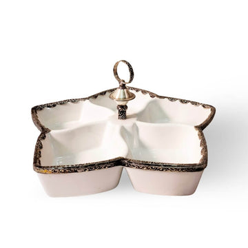 White Ceramic Divided Plate with Silver Accents – 5-Compartment Serving Dish image