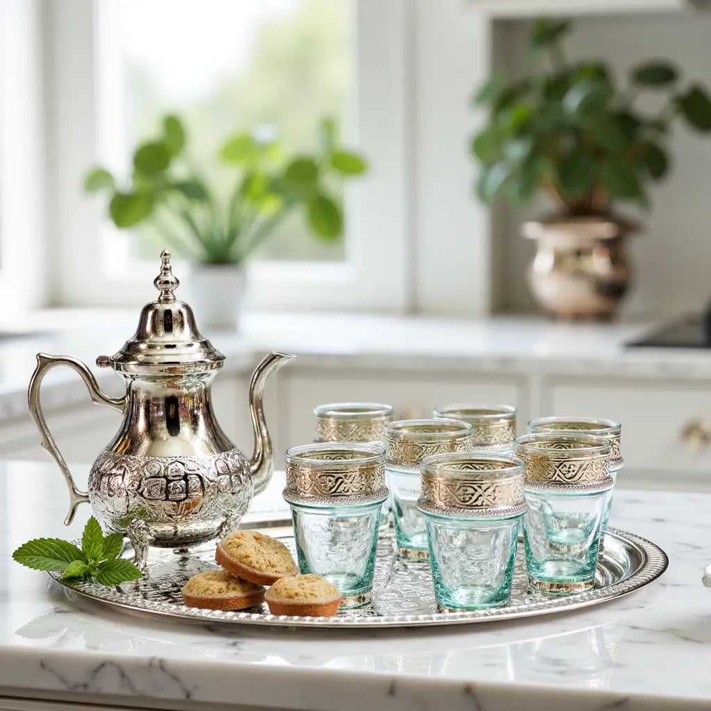 Silver Engraved Tea Set – 8-Piece Service with Turquoise Glass Holders image 3