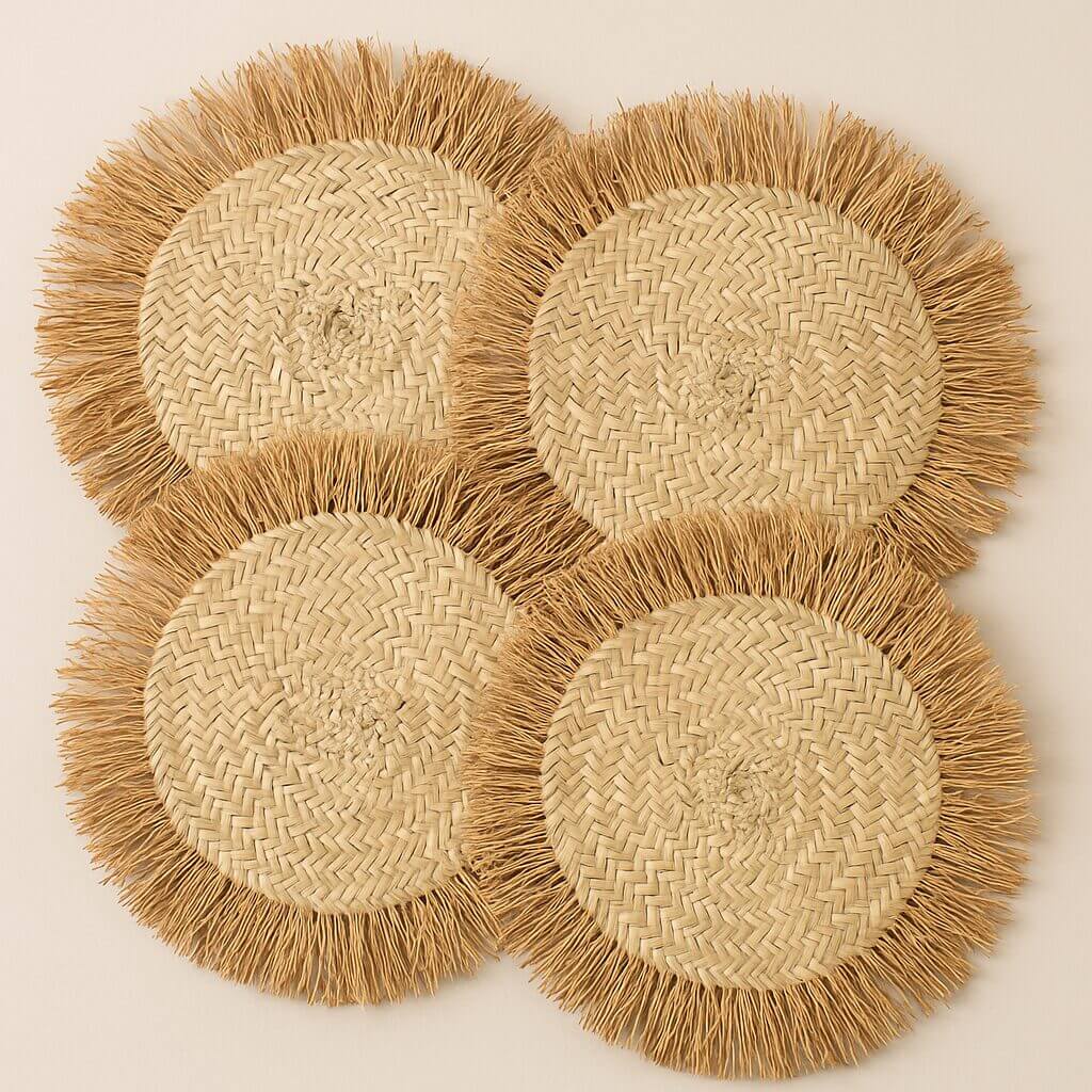 Handmade Raffia Round Tassel Placemats with Fringes – Set of 4 image 3