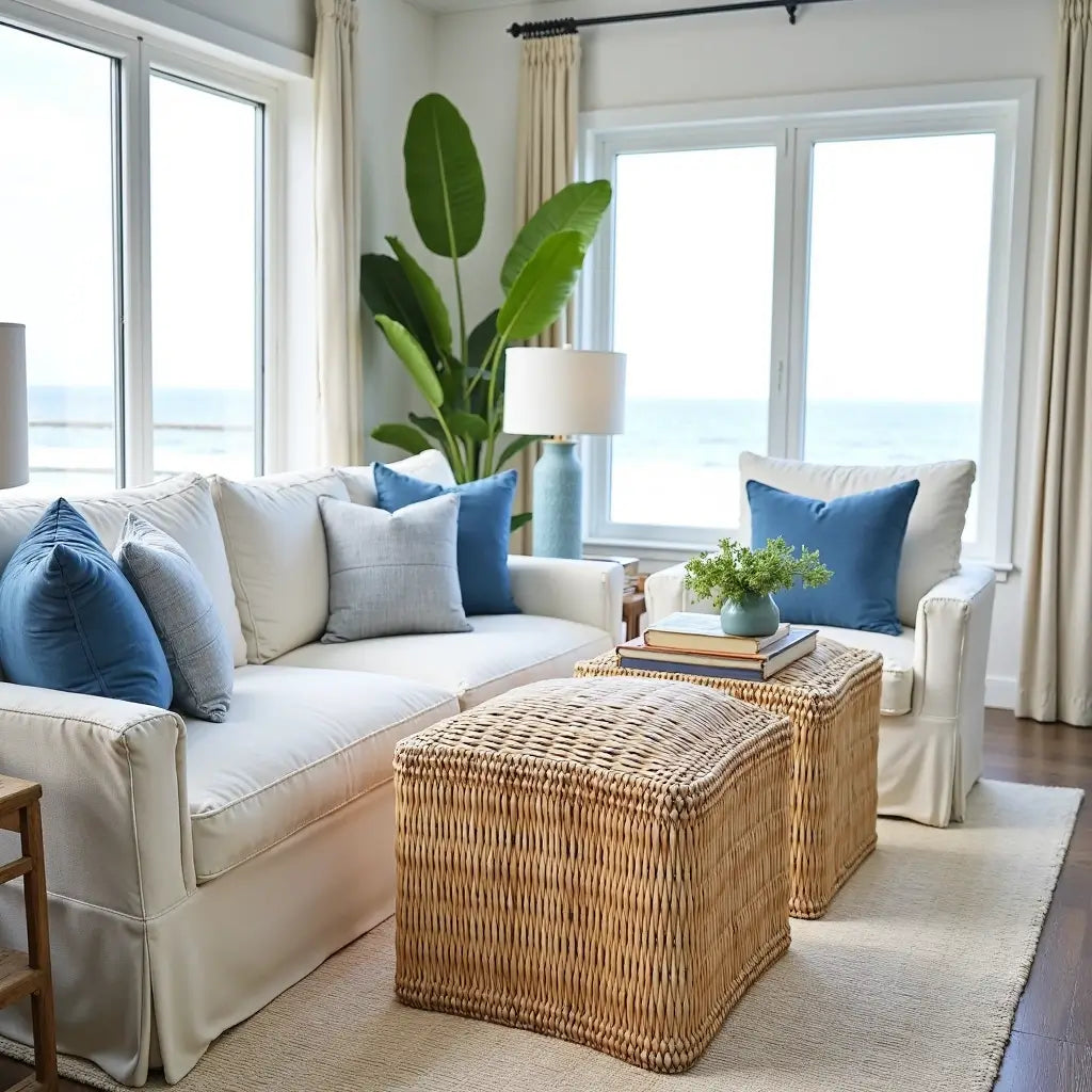 Handwoven Square Straw Ottoman Pouf – Natural Fiber Indoor/Outdoor Footstool image 3