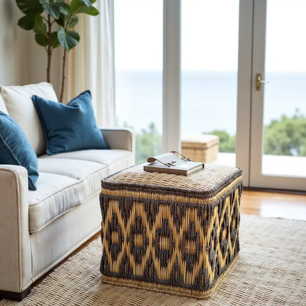 Handwoven Diamond Pattern Straw Floor Pouf – Versatile Natural Fiber Accent image