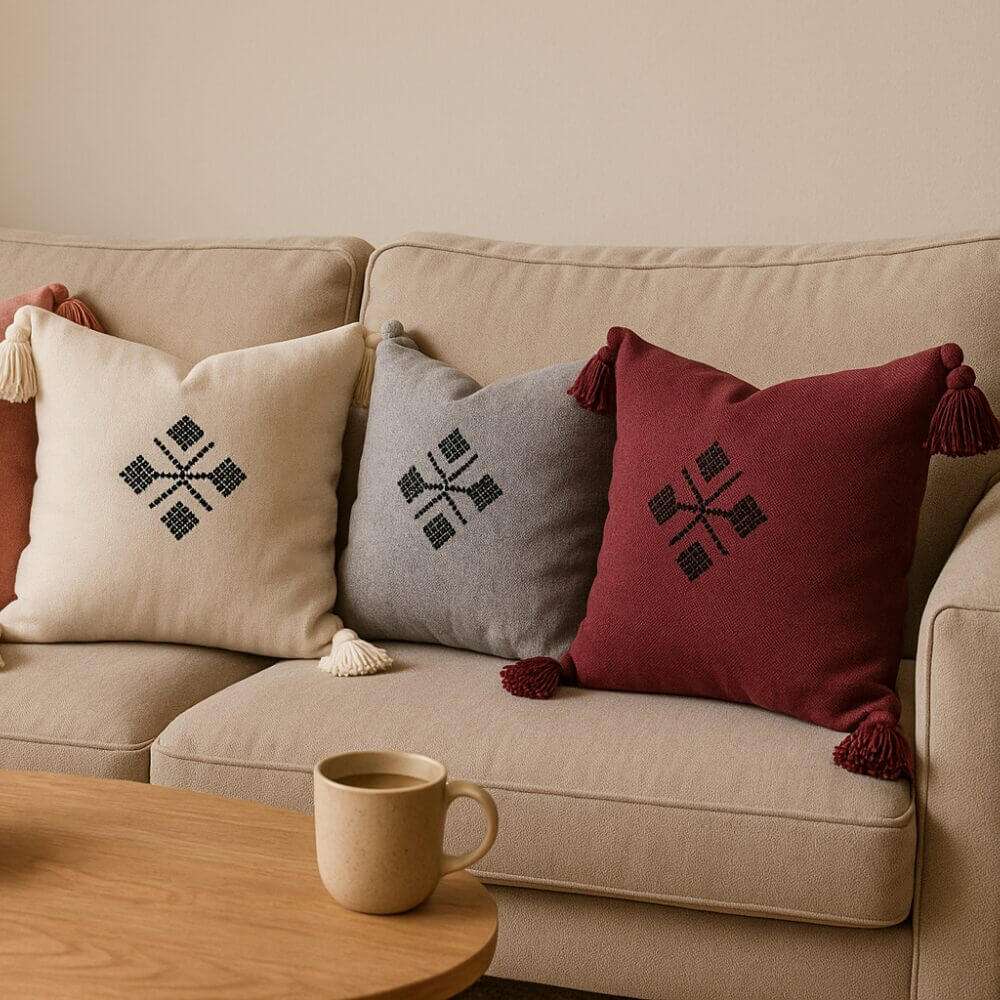 Boho Cotton Pillow Covers with Tassels & Geometric Embroidery (Set of 2) image 2